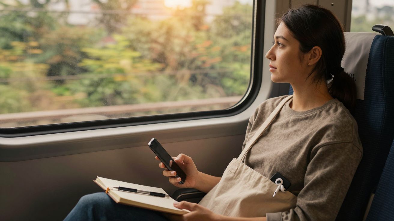 Mulher sentada num comboio, segurando um telemóvel e caderno, olha pela janela ao pôr do sol.