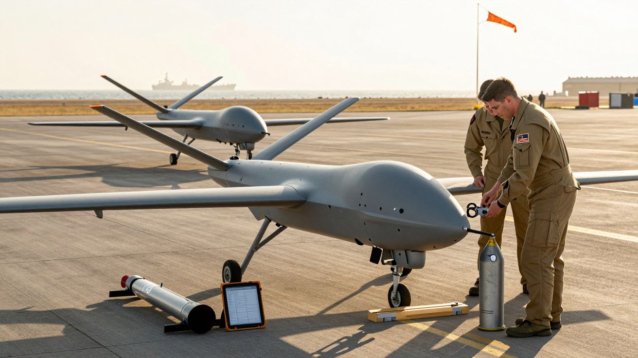 Dois operadores militares preparam um drone cinzento numa pista de aeródromo, com um navio ao fundo no horizonte.