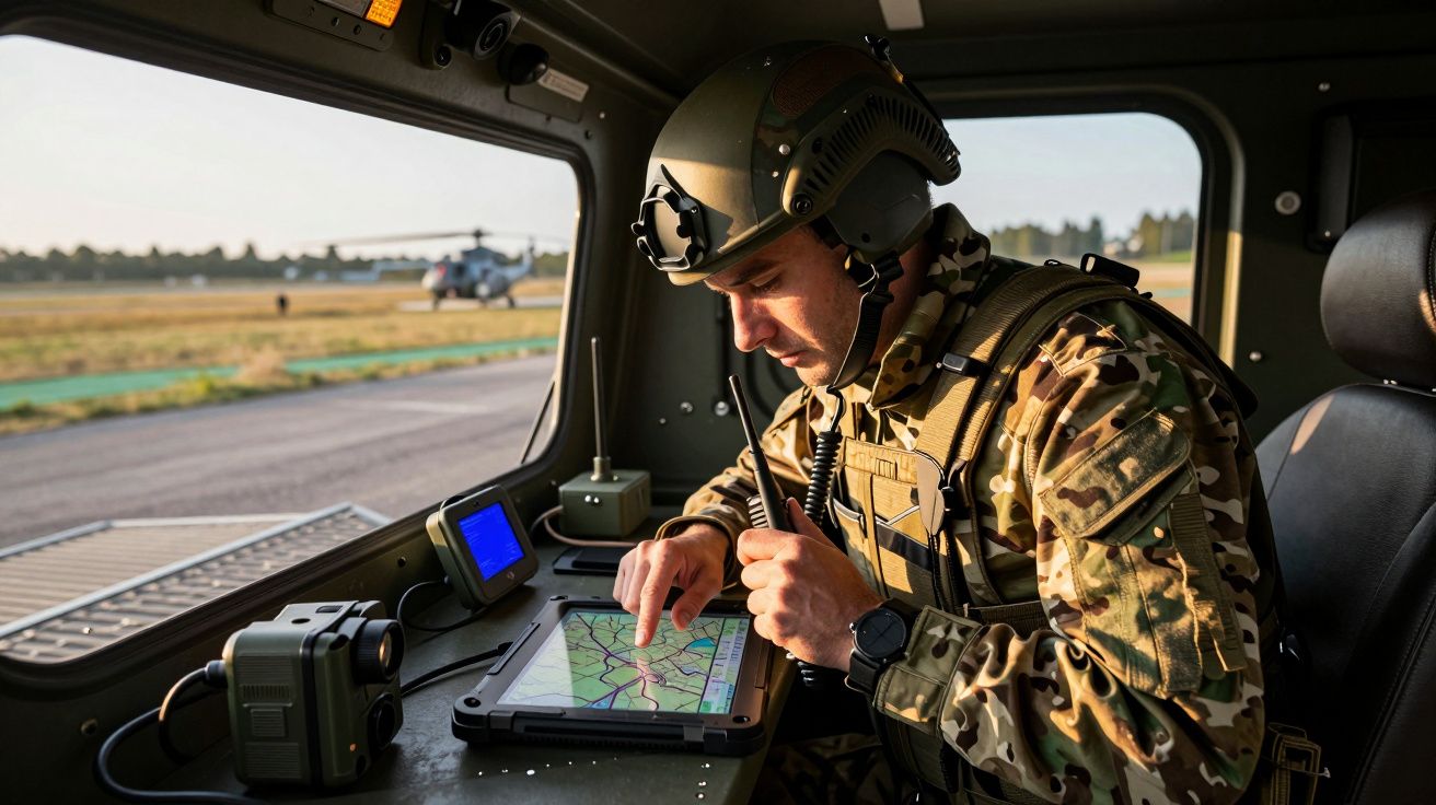 Soldado em uniforme camuflado usa tablet num veículo militar, com helicóptero ao fundo numa pista.