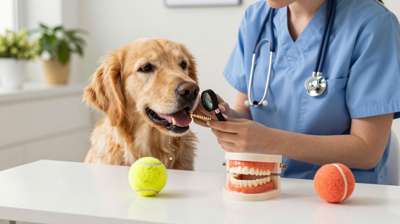 Veterinária examina os dentes de um cão Labrador ao lado de bolas de ténis num consultório.