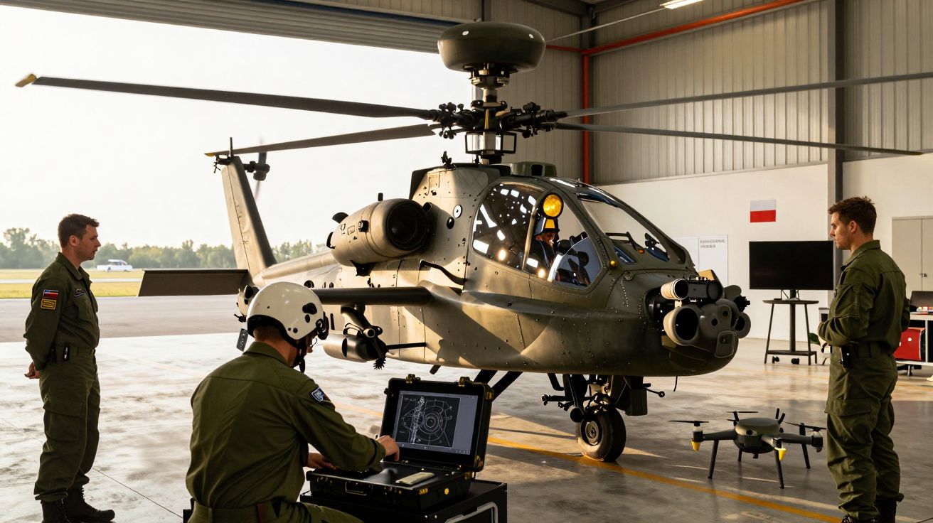Soldados em hangar analisam helicóptero militar e operam computador portátil. Um drone está pousado no chão próximo.