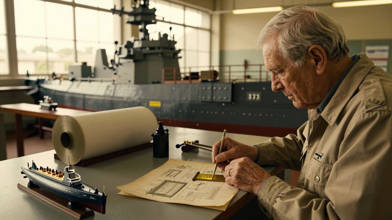 Homem idoso desenha planos navais numa mesa com modelo de barco; fundo com navio de grande escala.