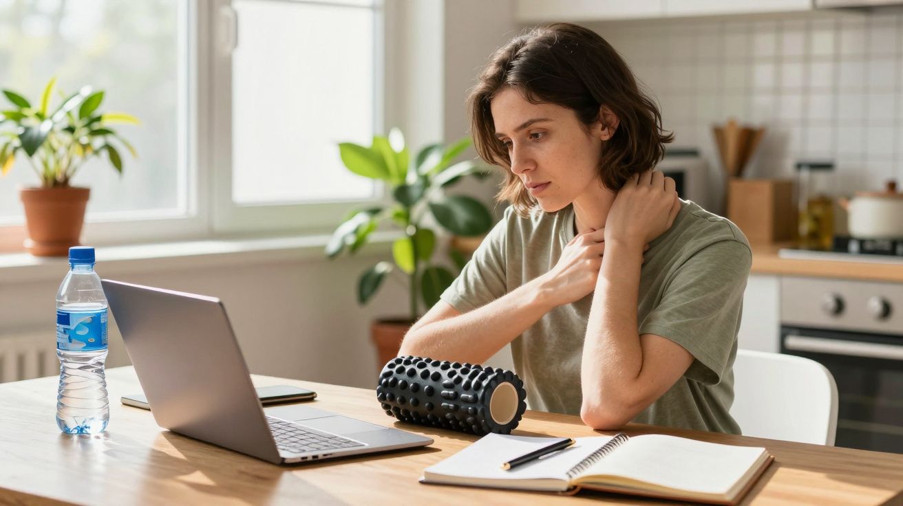 Mulher trabalha no computador em casa, com rolo de massagem, caderno e garrafa de água na mesa.