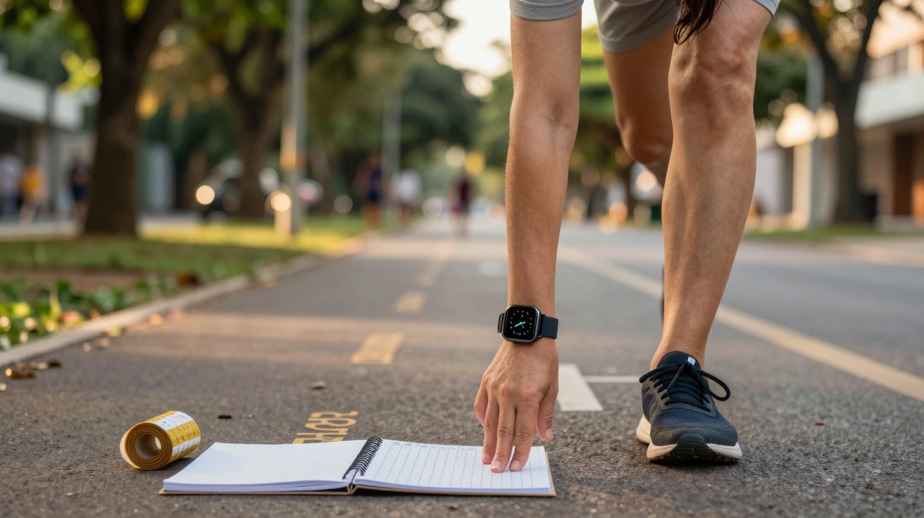 Pessoa em posição de corrida numa pista ao ar livre, com bloco de notas e lata no chão.