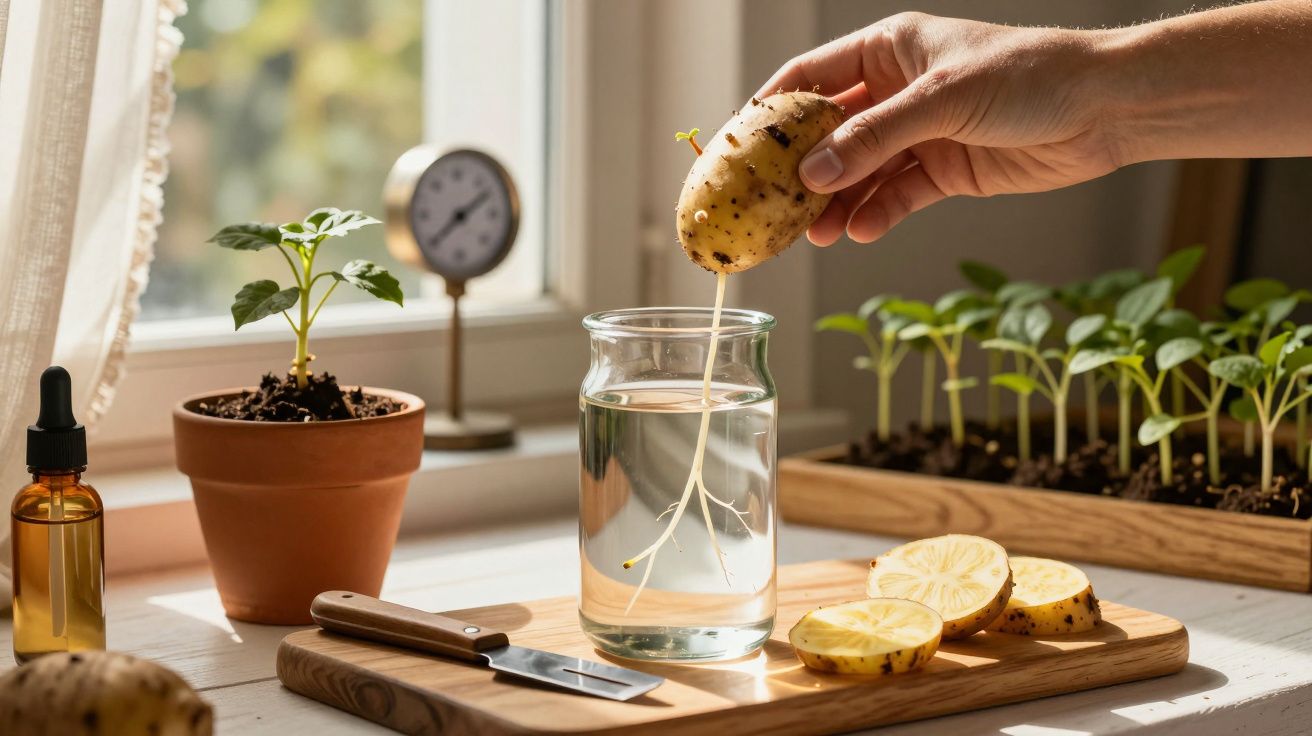 Mão segurando batata com raízes num frasco de água, plantas em vasos, limões cortados e faca numa tábua de madeira.
