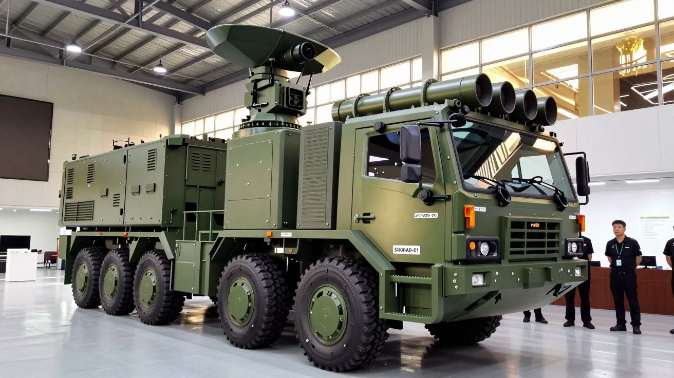 Veículo militar verde com radar e tubos de lançamento, em exposição em ambiente fechado com teto metálico.