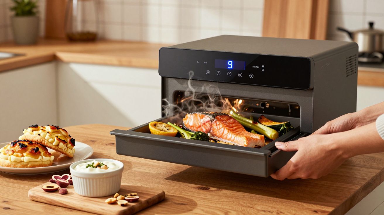 Forno a vapor com salmão e legumes, numa cozinha moderna; sobremesas e frutos secos ao lado.