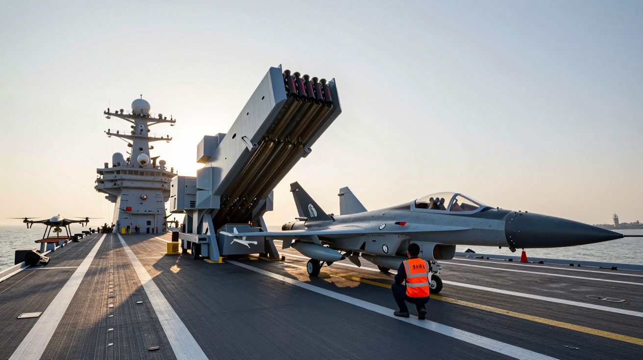 Porta-aviões com jato de combate em preparação para decolagem, ao nascer do sol, com oficial em colete refletor ao lado.