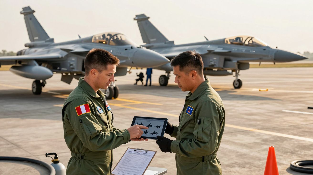 Dois pilotos discutem estratégias com um tablet, com aviões de combate no fundo numa base aérea.