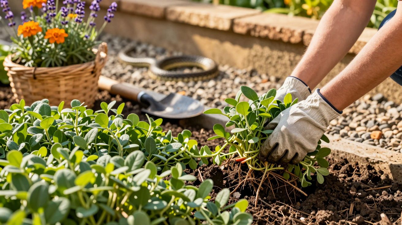 Pessoa a plantar mudas num jardim, com luvas, junto de uma cesta de flores e uma pá.