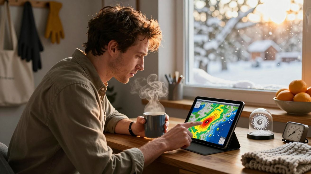 Homem verifica mapa meteorológico num tablet, segurando chá, junto a janela com neve.