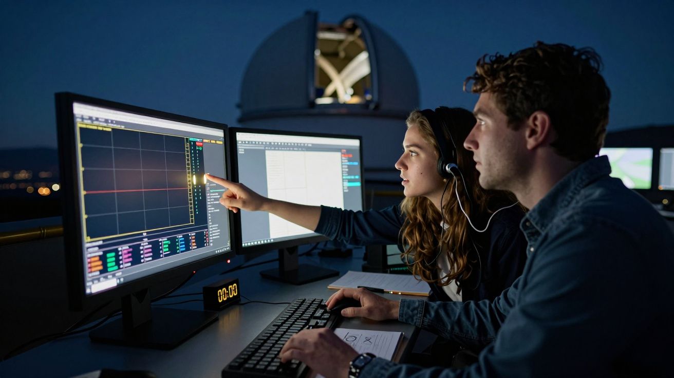 Astrónomos analisam dados em monitores num observatório, à noite, com uma cúpula aberta ao fundo.