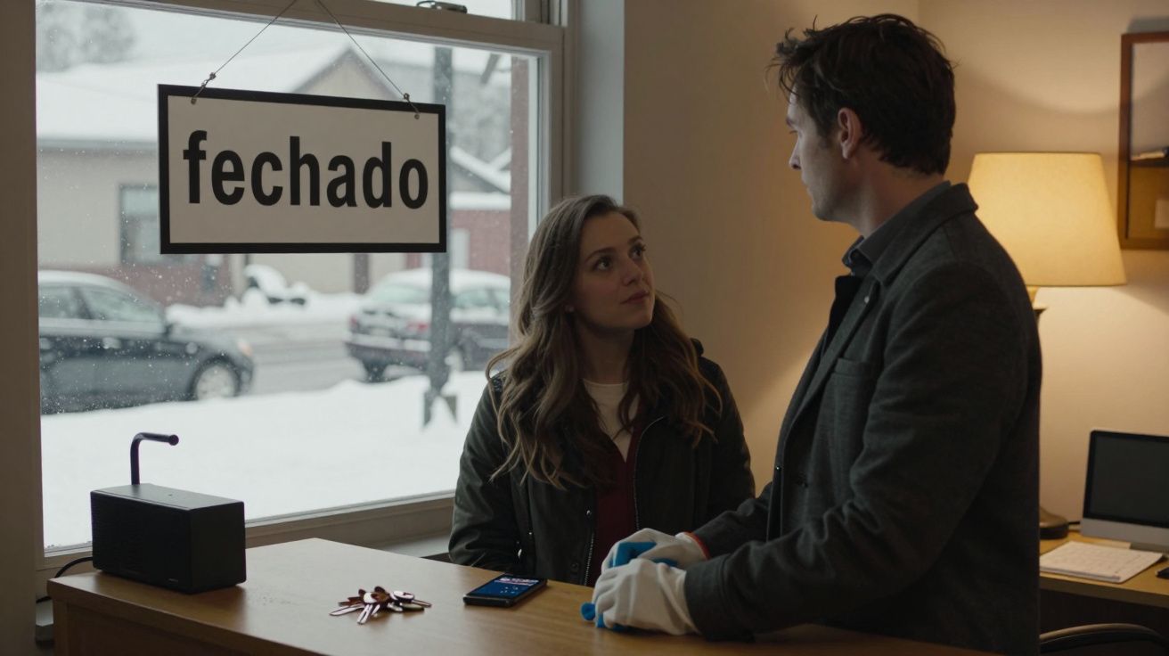 Mulher e homem conversam num balcão, sinal "fechado" à janela, neve visível na rua.