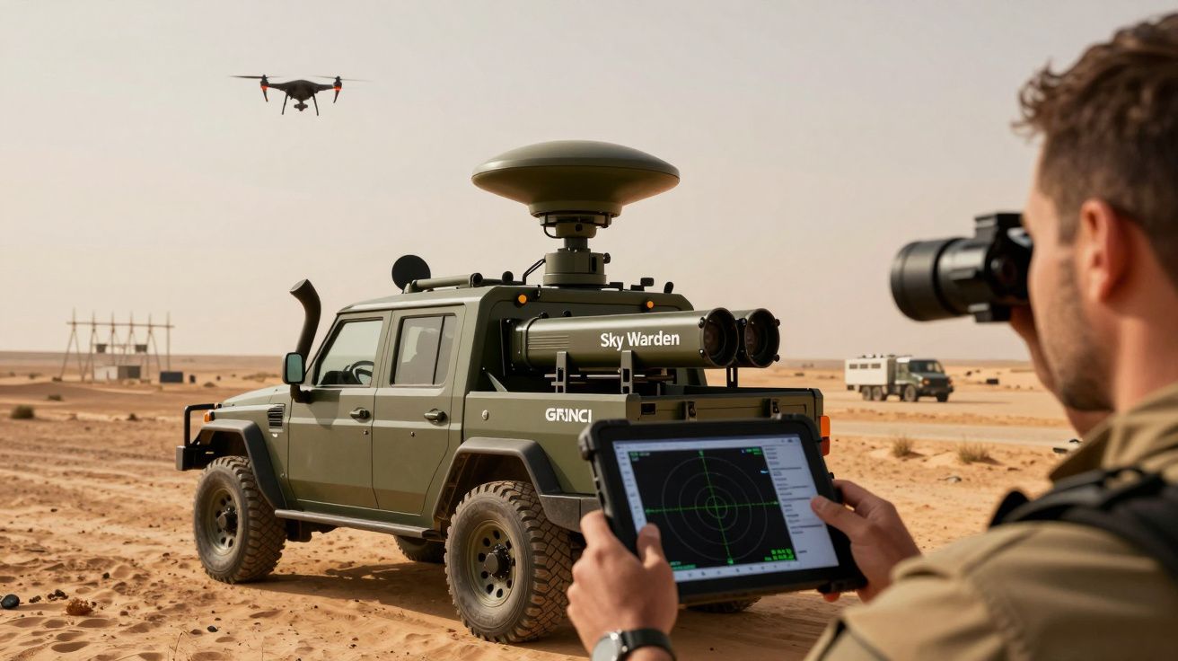 Veículo militar com radar no deserto, operado por homem observando um drone no céu.