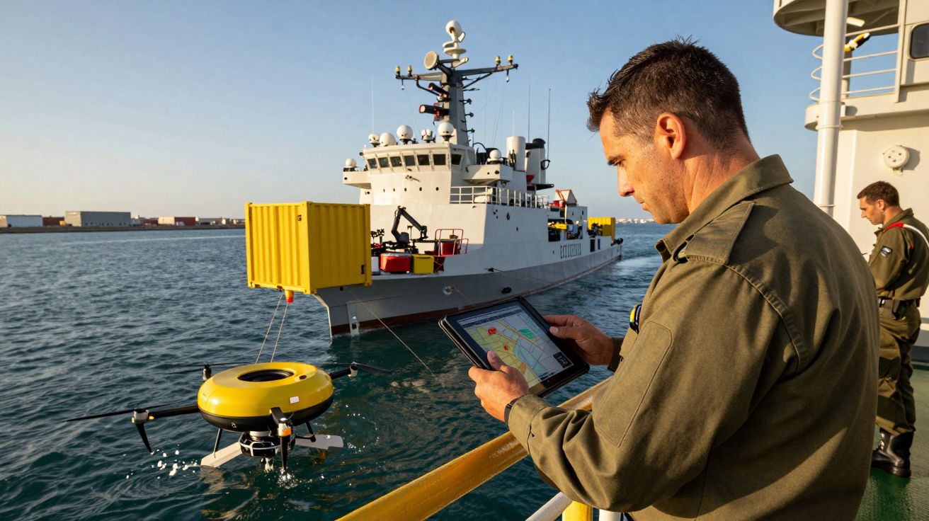 Homem controla drone marítimo com tablet num navio, com outro navio ao fundo.
