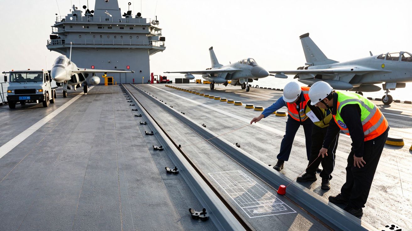 Trabalhadores medem trilhos no convés de um porta-aviões, com aviões estacionados ao fundo e céu claro.