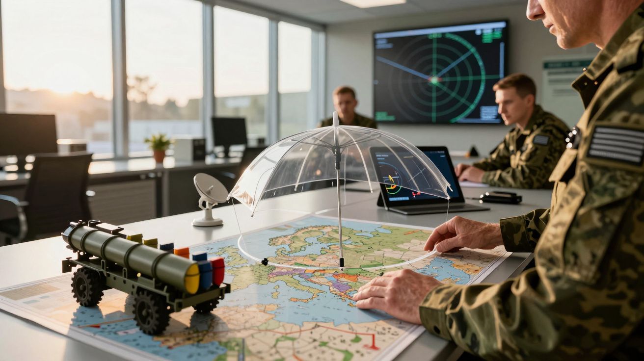 Oficiais militares analisam mapa com miniatura de camião e guarda-chuva transparente em sala de operações.