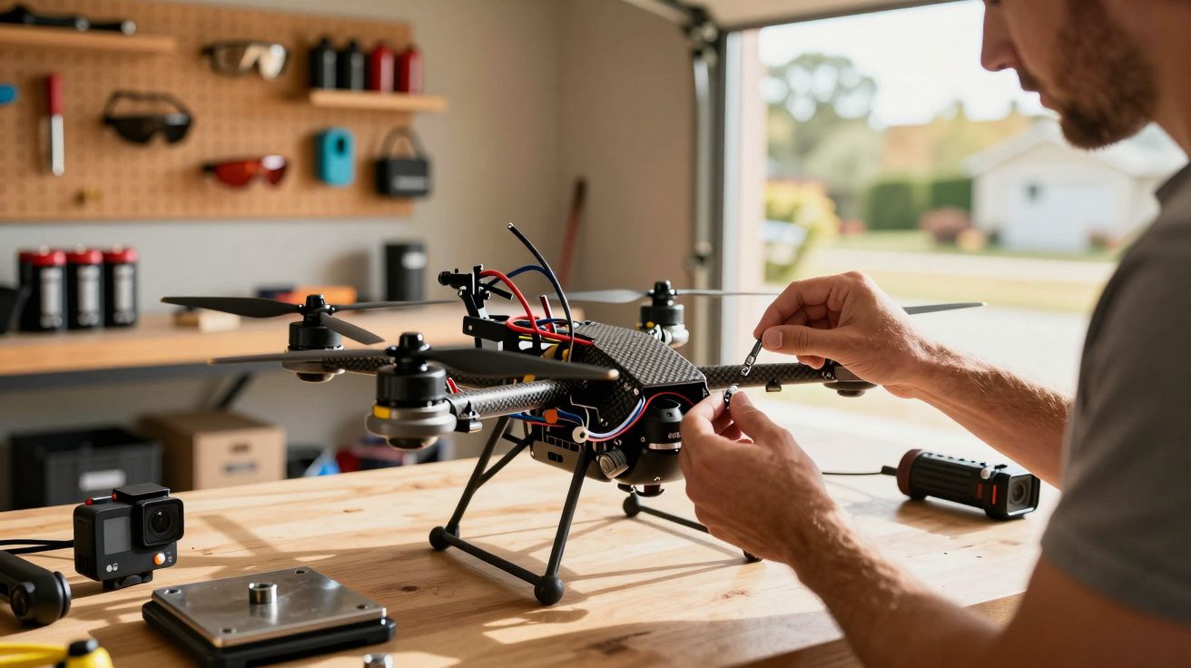 Homem ajustando um drone em cima de uma mesa de madeira numa oficina iluminada, com ferramentas ao fundo.