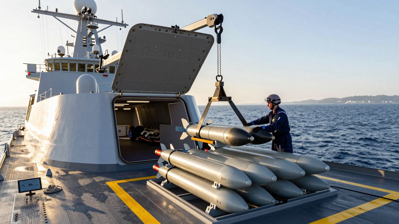 Marinheiro opera guindaste carregando mísseis em navio de guerra no mar, ao pôr do sol.