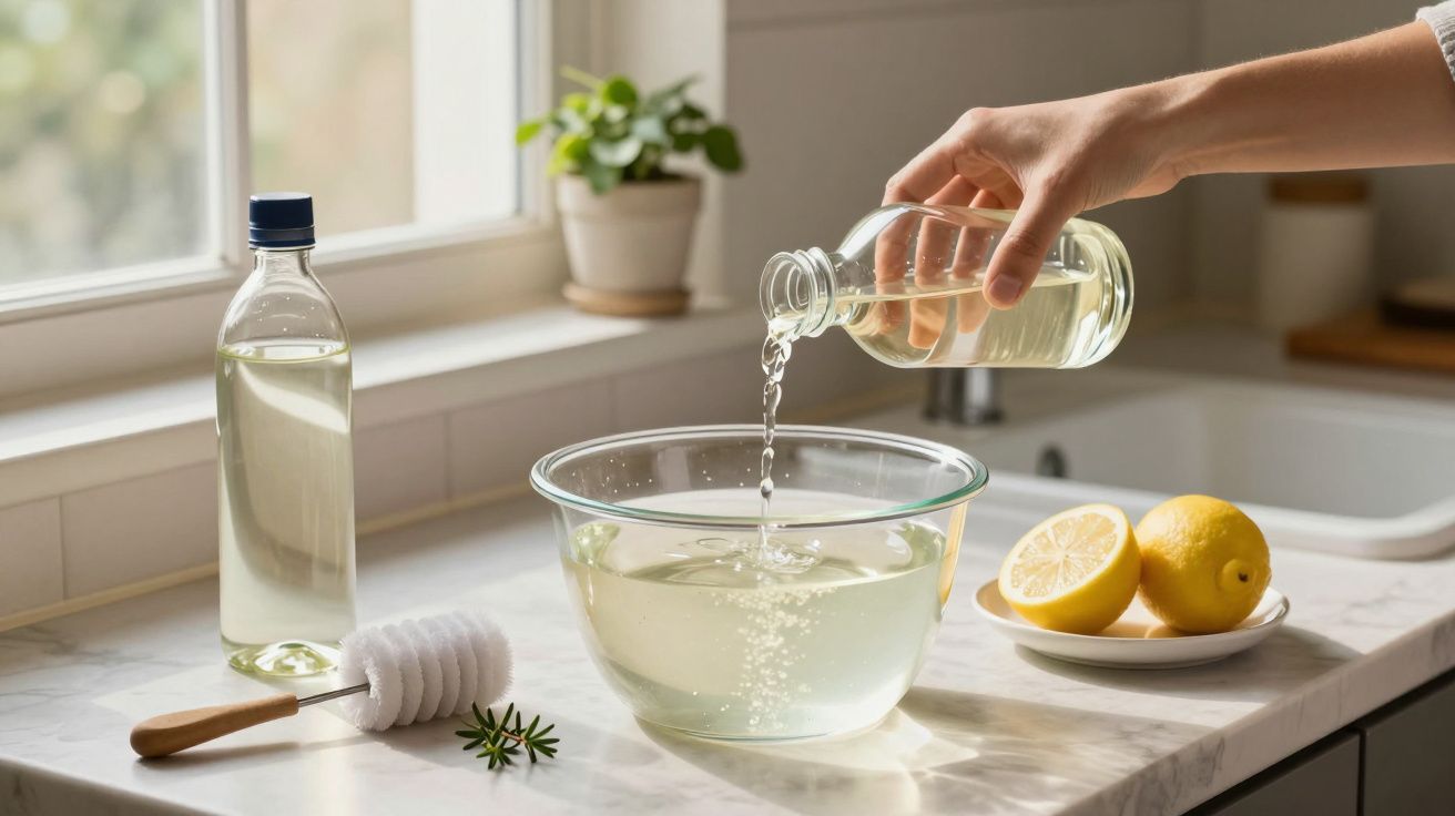 Mão a verter líquido num recipiente de vidro, com limões ao lado e planta na janela ao fundo.