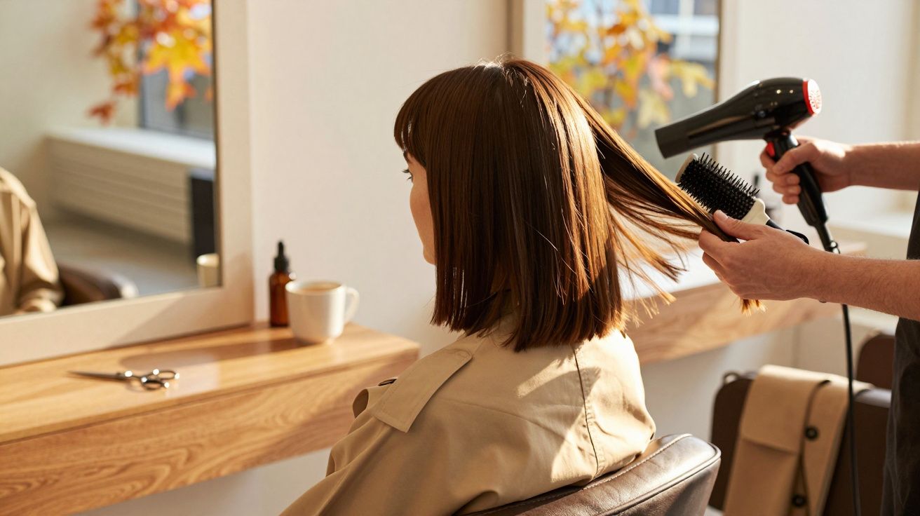 Mulher de costas sentada num salão, cabelo a ser penteado e seco com secador.