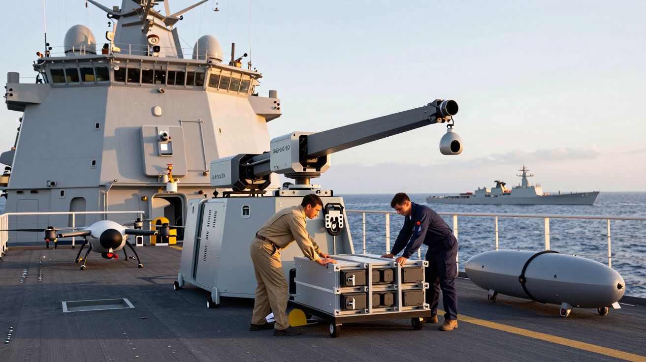 Dois homens trabalhando no convés de um navio militar ao pôr do sol, com um drone e guindaste ao fundo.