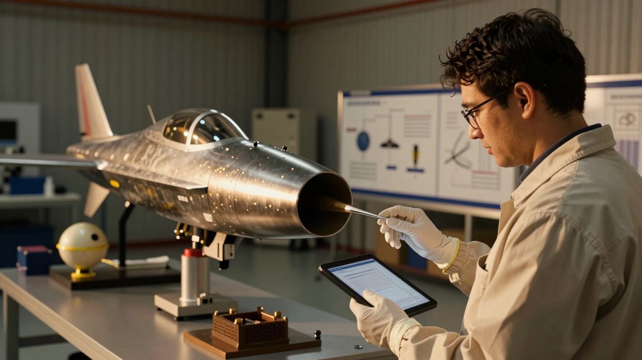 Homem analisa modelo de avião em miniatura, usando luvas e tablet, num laboratório técnico.