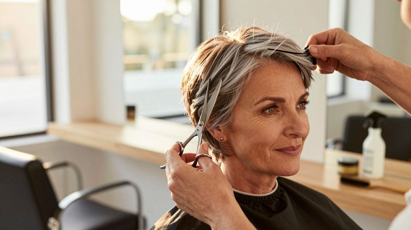 Mulher sorridente a cortar o cabelo curto num salão de cabeleireiro iluminado.