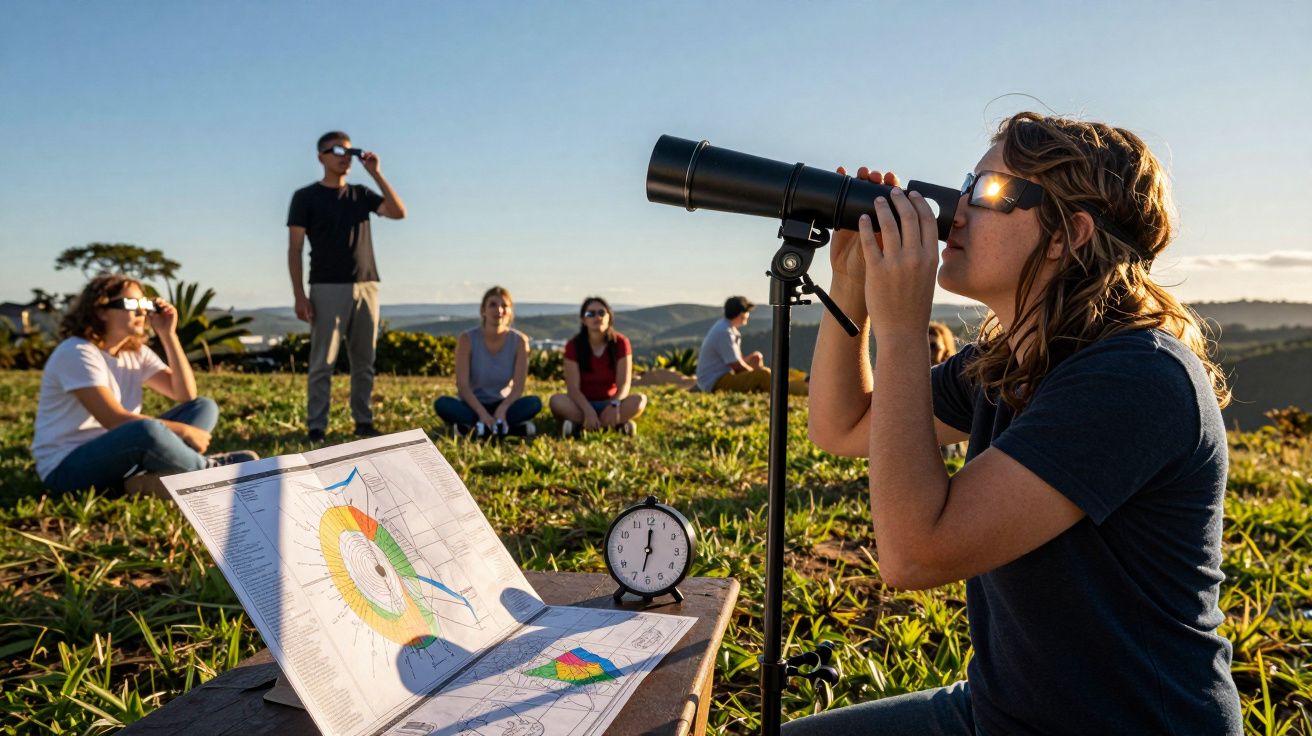 Grupo a observar eclipse solar com telescópio e óculos protetores, mapas e relógio sobre uma mesa, em campo aberto.