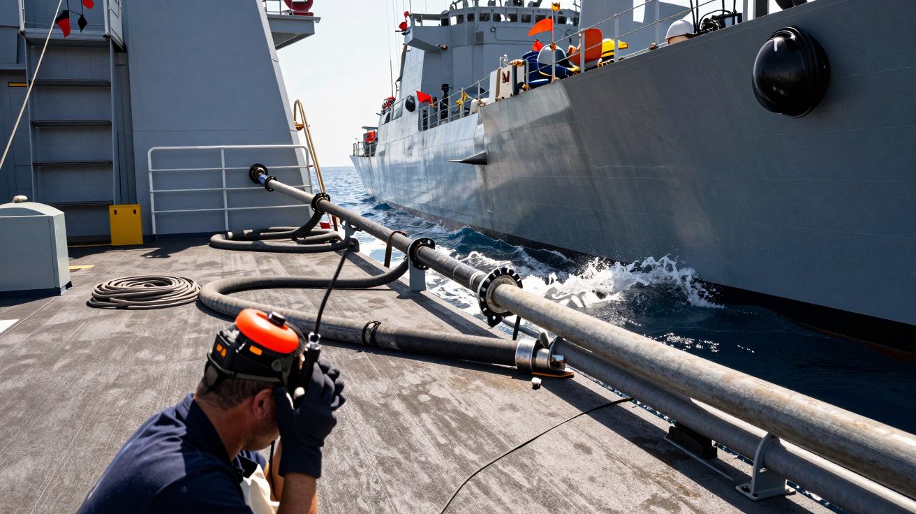 Operário num navio a comunicar por rádio durante operações de reabastecimento marítimo entre embarcações.