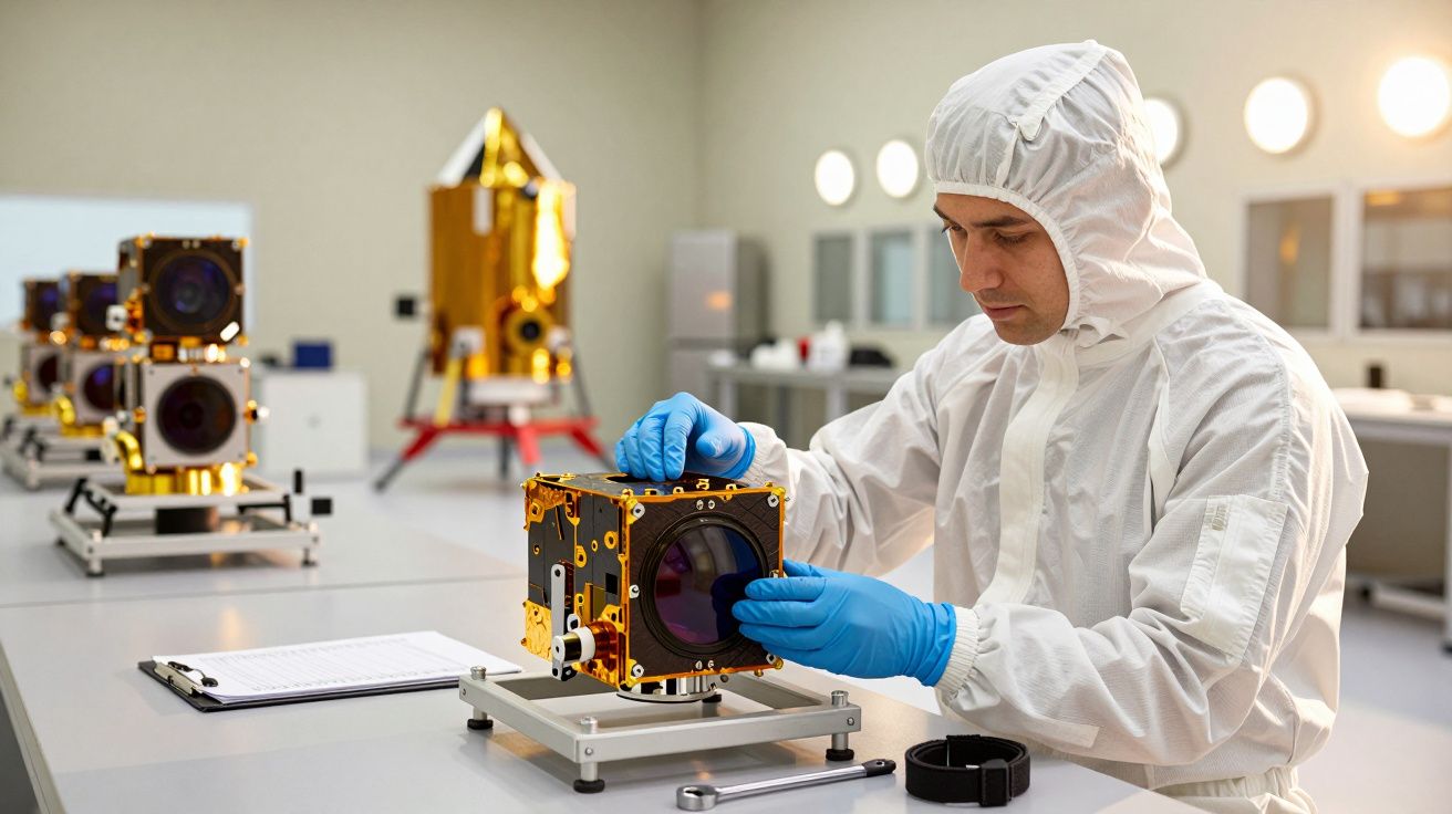 Técnico em vestuário protetor trabalha em satélite em laboratório limpo, equipado com mesas e equipamentos.