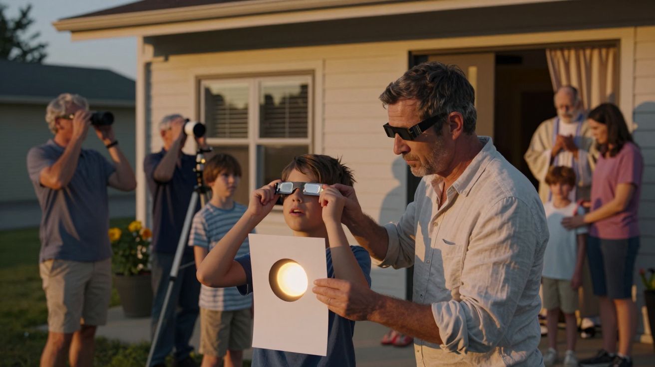 Adulto e criança observam eclipse solar com óculos protetores, pessoas ao fundo também participam da observação.