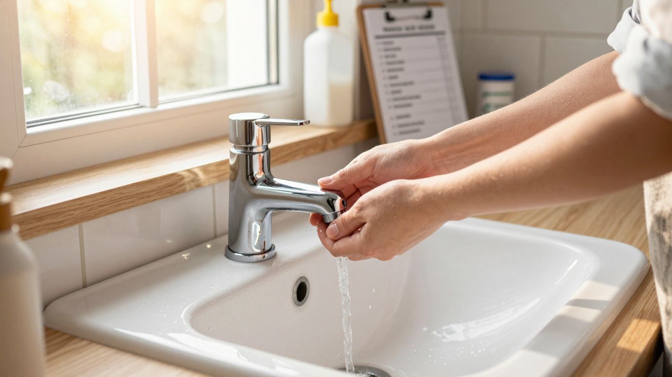 Mãos a lavar-se numa pia branca, com torneira de aço inoxidável, junto a janela, num ambiente bem iluminado.