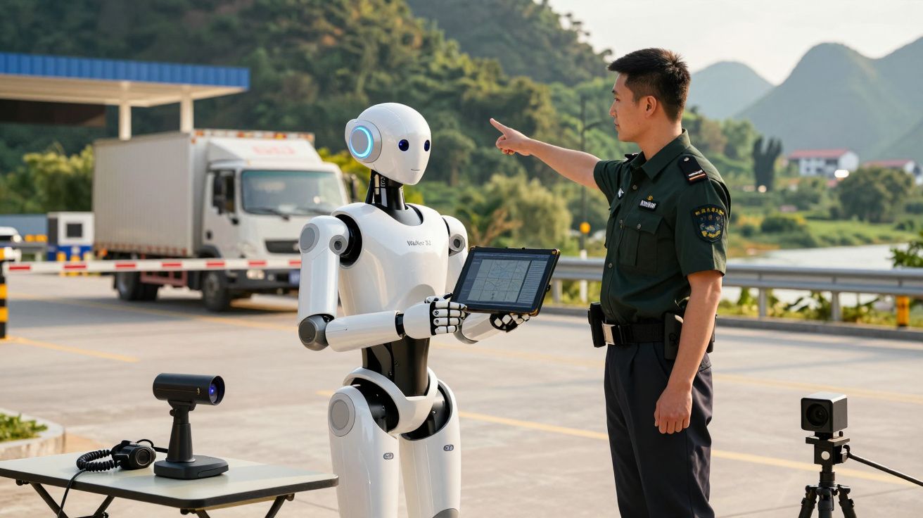 Polícia aponta para robô segurando tablet, caminhão ao fundo, em cenário com montanhas.