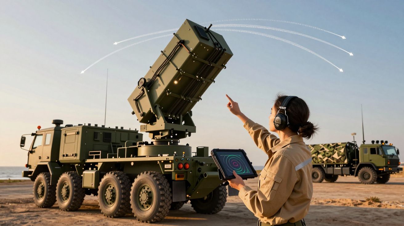 Mulher controlando sistema de lançadores de mísseis ao ar livre, usando tablet e fones de ouvido.