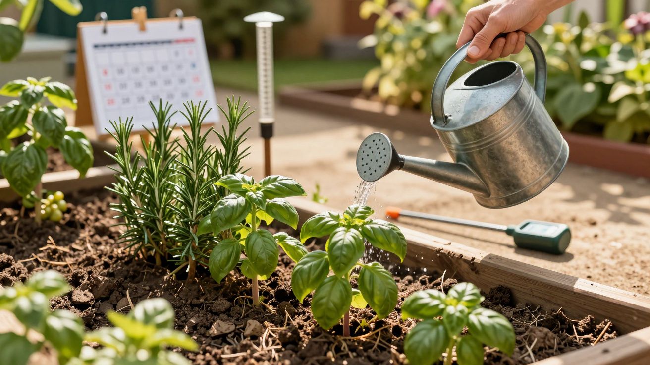 Mão rega manjericão e alecrim num canteiro de jardim com regador de metal, calendário e termómetro visíveis.