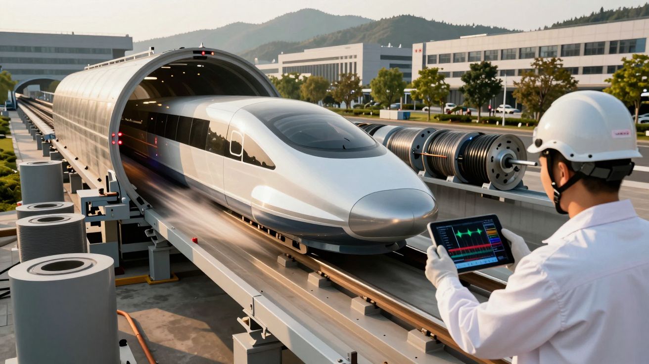 Técnico monitoriza teste de comboio de alta velocidade num túnel; tablet mostra dados em gráfico.
