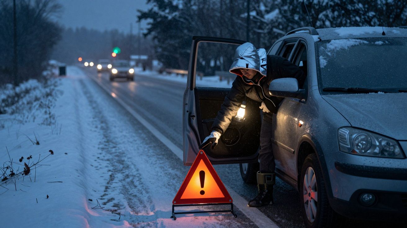 Pessoa coloca triângulo de sinalização na estrada nevada ao lado de um carro avariado, com luzes de outros carros ao fundo.