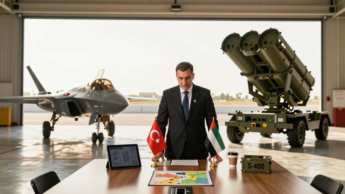 Homem de terno à mesa com bandeiras turca e emiradense, entre um jato e lançadores de mísseis em hangar.