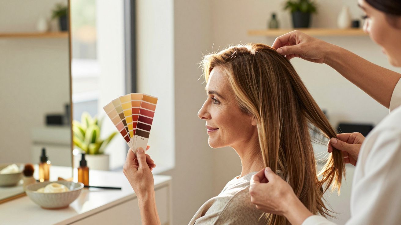 Mulher sorridente segurando amostras de cores de cabelo enquanto cabeleireira analisa seu cabelo loiro num salão iluminado.