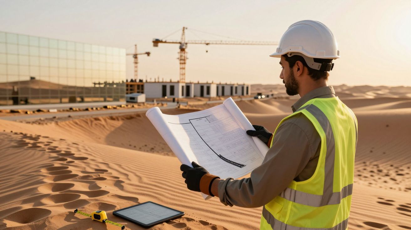 Engenheiro analisa planta em local desértico com equipamento de construção ao fundo.