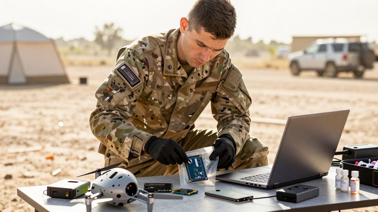 Militar em uniforme camuflado trabalha com equipamento tecnológico numa área desértica.