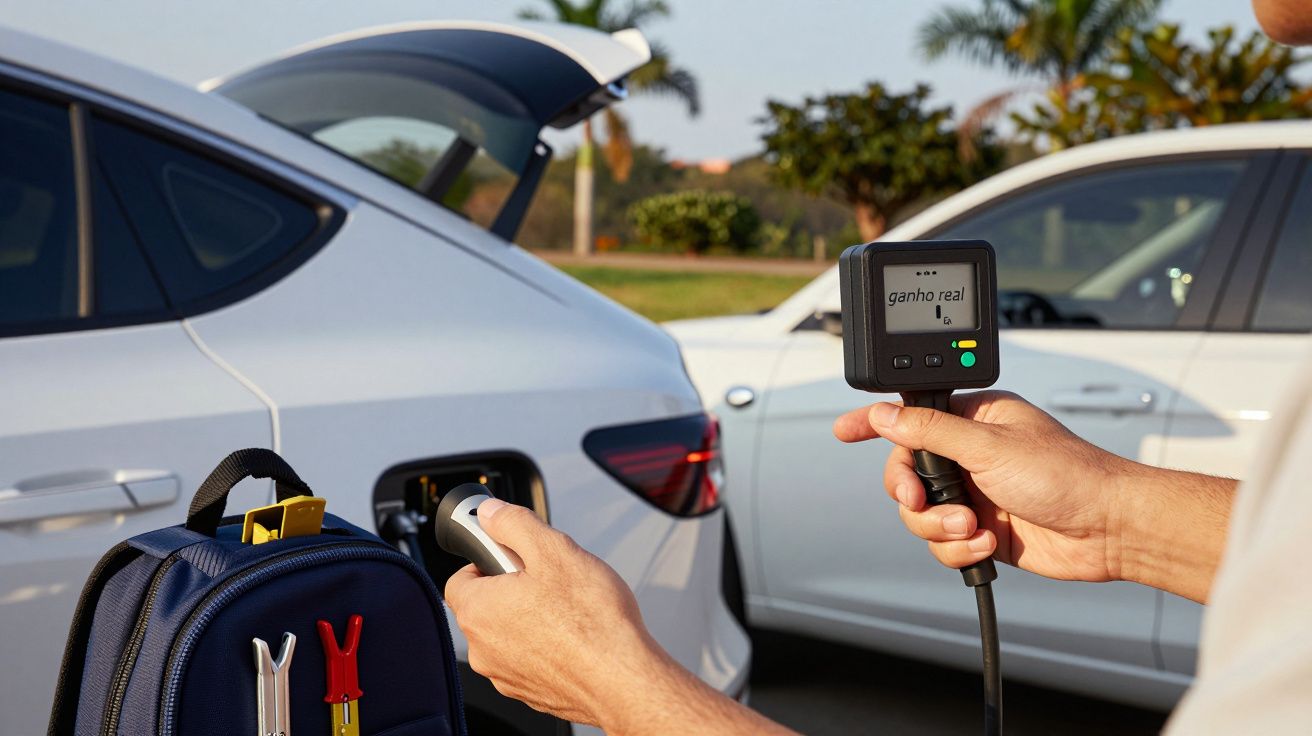 Pessoa a carregar carro elétrico com dispositivo de medição em espaço exterior.