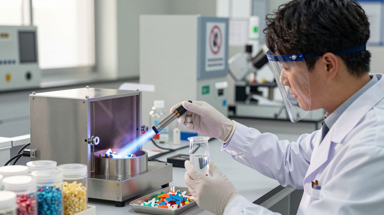 Cientista em laboratório testa resistência de amostras plásticas usando uma chama de maçarico, segurando um frasco de vidro.