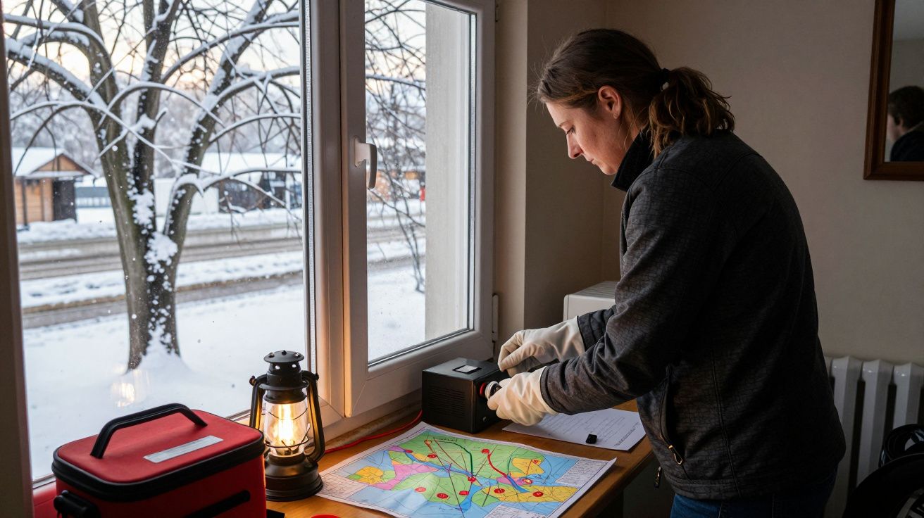 Pessoa com luvas analisa mapa numa mesa junto a uma janela. Lâmpada e neve visível do lado de fora.