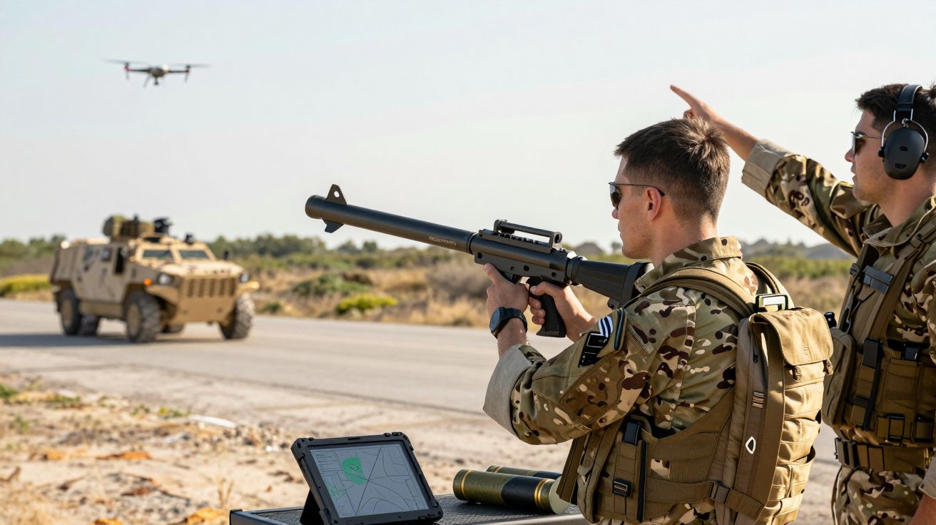 Soldados em uniforme camuflado operam equipamento anti-drones numa estrada, com um veículo militar ao fundo.
