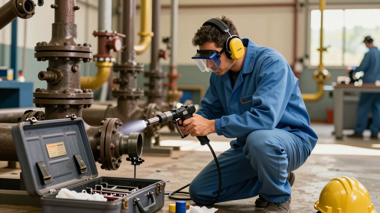 Técnico com equipamento de proteção opera ferramenta em tubulação industrial, com caixa de ferramentas e capacete ao lado.