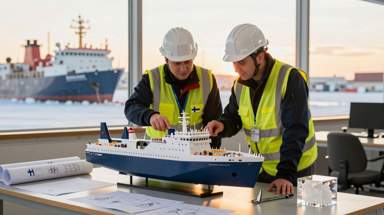 Dois engenheiros com coletes e capacetes analisam uma maquete de navio numa sala com janela vista para o porto.