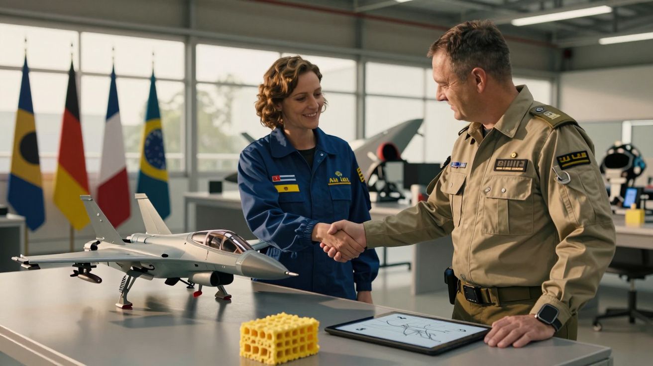 Homem e mulher apertam mãos em loja com maquete de avião e bandeiras ao fundo.