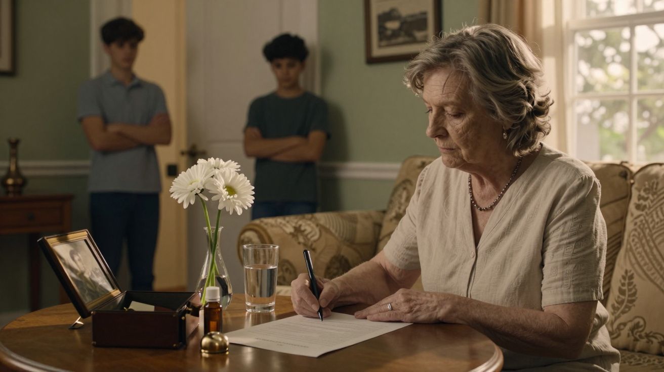 Idosa escreve à mesa com flores brancas, copo de água e caixa de madeira; dois jovens observam ao fundo.